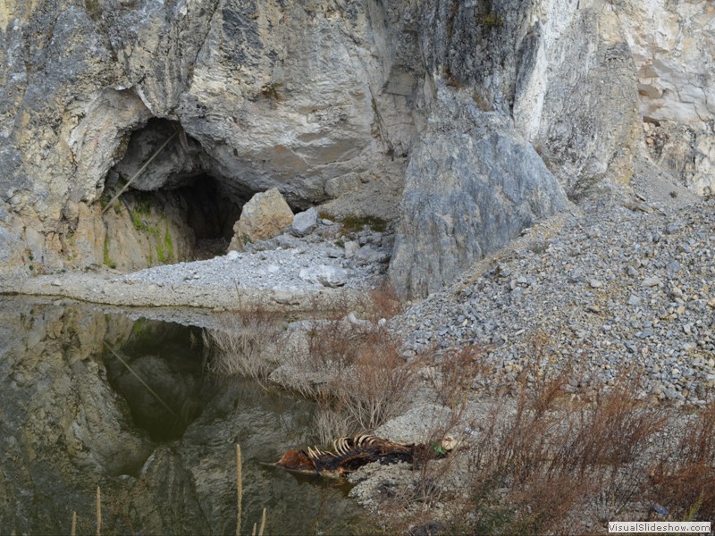 A small cave next to the lake.  Notice the Yak carcass by the water edge.